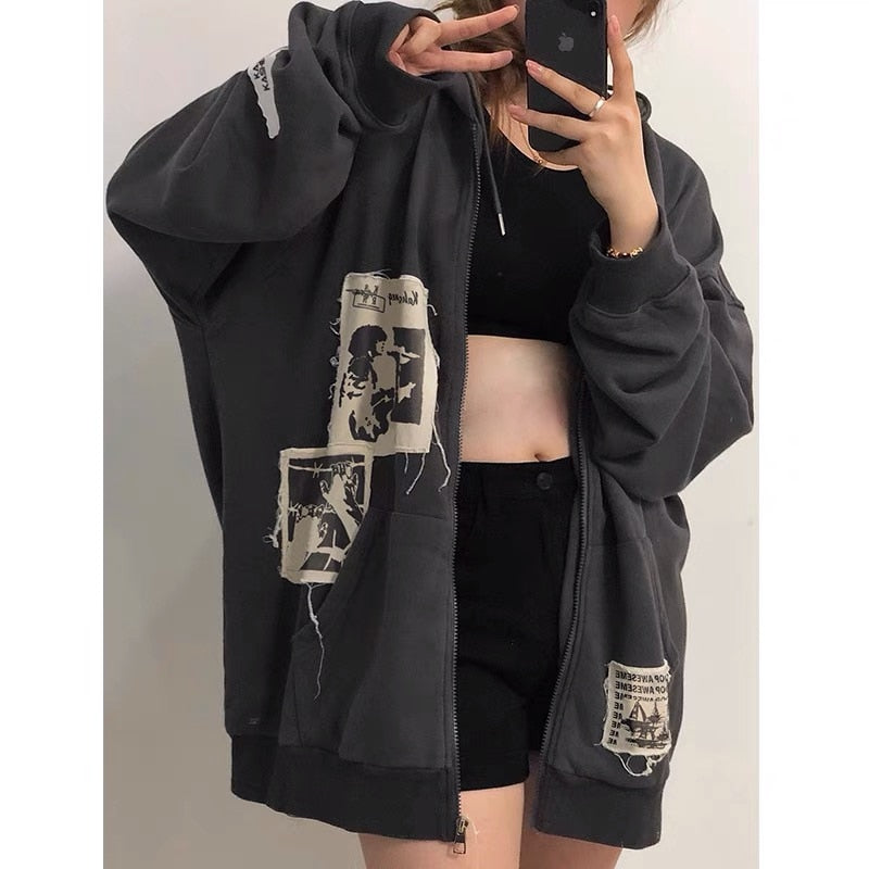 Hoodie Grunge Aesthetic Clothes Oversized Sweatshirt with Zipper Vintage