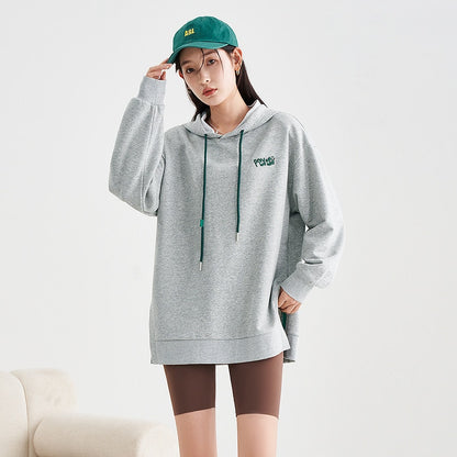 Women Hoodies Streetwear Loose Letter Print Split Hem Casual Chic Pullover