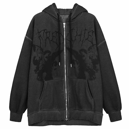 Women Streetwear Hoodies zip up  Angel Dark Harajuku y2k