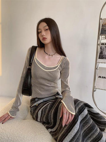 Harajuku T-shirt Grunge Long Sleeve Striped Women Y2k Vintage