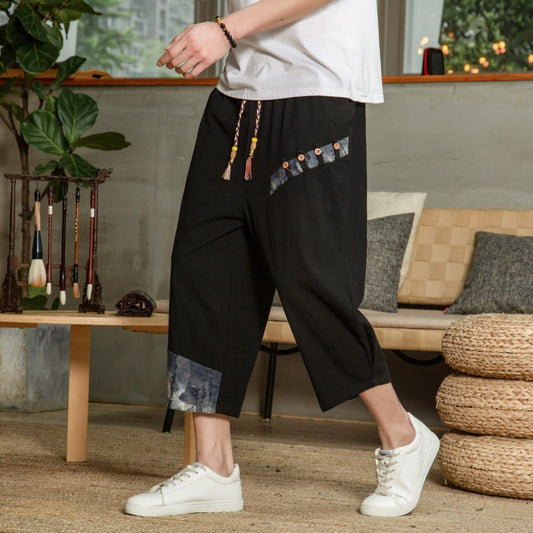 Japanese Cotton Linen Harem Pants Cropped for Men Casual Elastic Waist