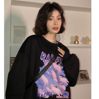 Women Clothing Vintage Rabbit Letter Printing Long Sleeves Casual Oversize