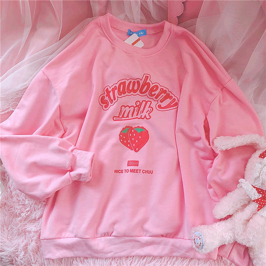 Women Sweatshirts Harajuku Strawberry Pink Korean Style