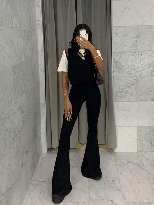 Solid Black Woman Pants Slim Fitting High Waisted Streetwear Casual