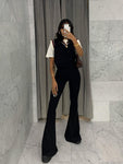 Solide schwarze Damenhose, schlanke Passform, hohe Taille, Streetwear, lässig