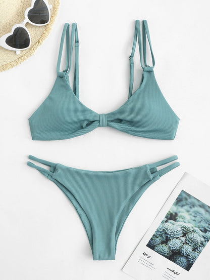 Ribbed Knotted Cut Out Dual Strap Bikini Swimwear