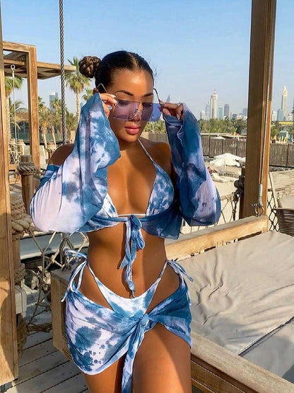 Swimsuit Women Tie Dye Bikini Print Long Sleeve Swimwear String Low Waist