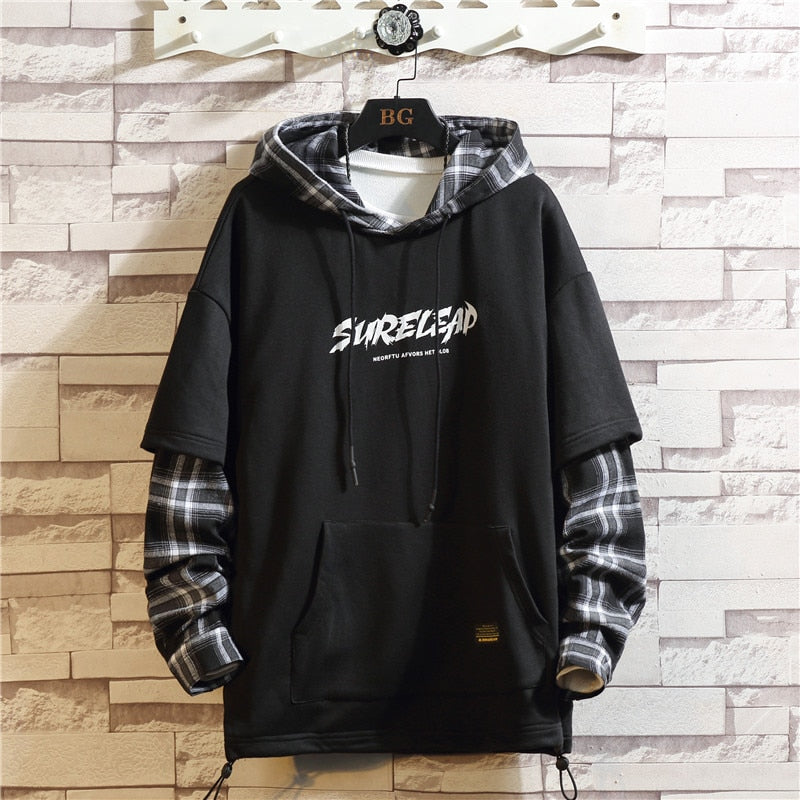 Black Patchwork Hoodies Autumn Spring Men Sweatshirts Hiphop Punk Streetwear Casual Pullover - xinnzy