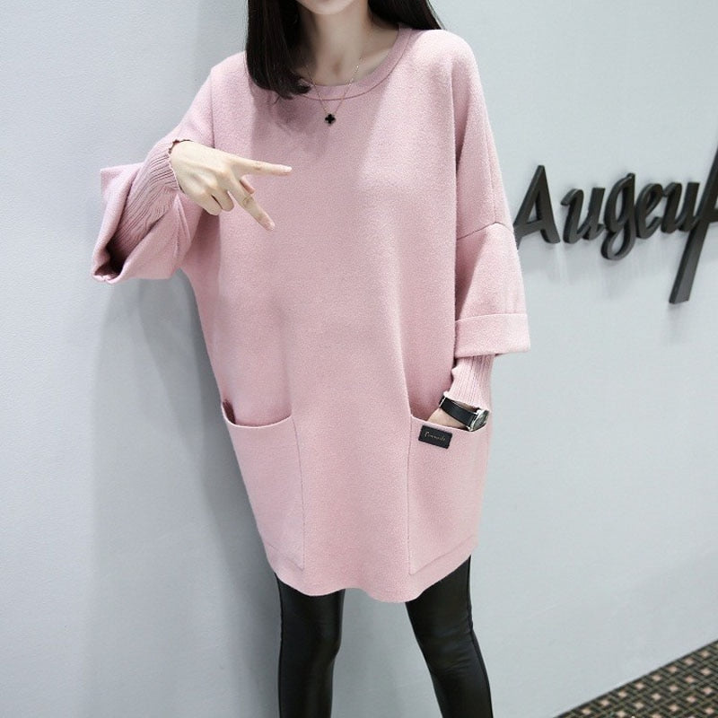 Sweatshirts Loose Drop Sleeve X-long O-Neck Female Pockets