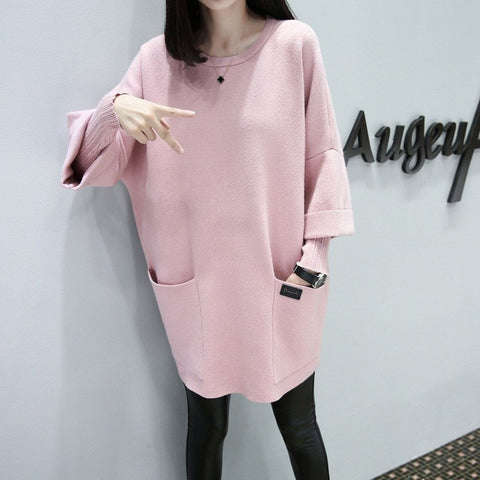 Sweatshirts Loose Drop Sleeve X-long O-Neck Female Pockets