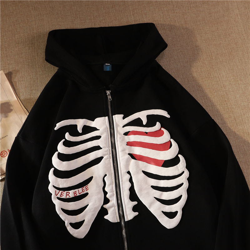 Y2K Skull Print Hoodies Vintage Zipper Hooded Jacket for Women