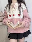 Sweatshirts Women Strawberry Embroidery Pink Pullover