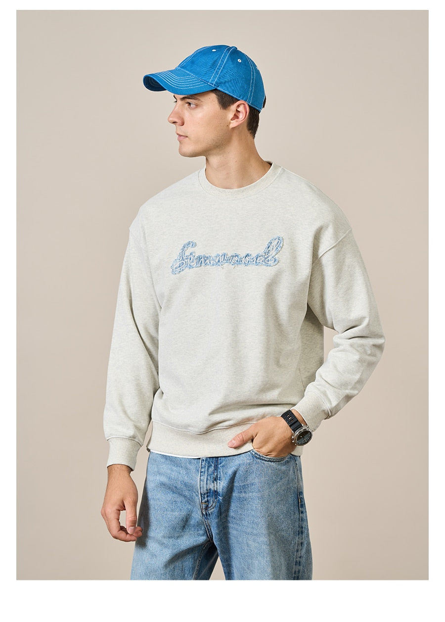 Denim Sweatshirts Men Oversize Letter Embroidery Fabric Pullovers