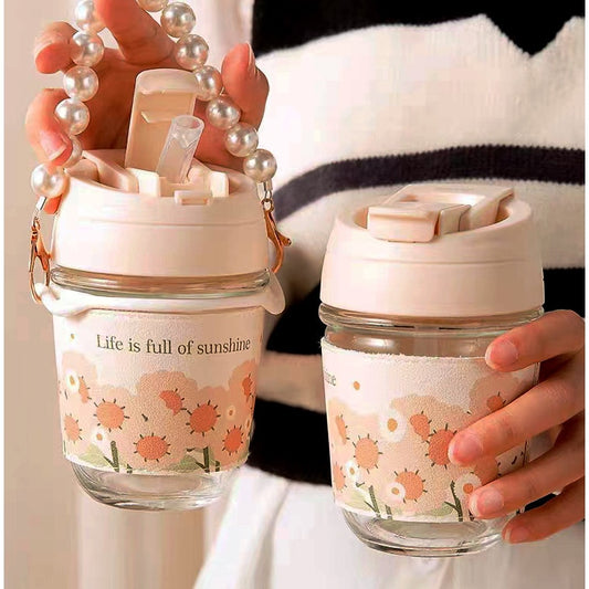 Glass Cup with Hand  Coffee Cup with Straw ins Wind Mesh