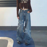 Star Embroidery Baggy Jeans Vintage Washed High Street Style