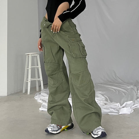 Army Green Baggy Cargo Jeans Y2K Streetwear Vintage Style für Frauen