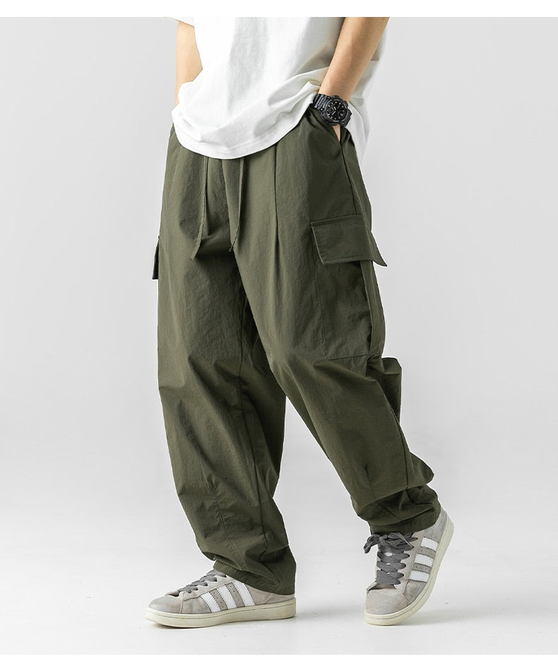 Cargo Pants Multi-Pocket Men Casual Solid Colour Baggy Wide Pants