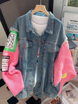 Trendy Chic Women's Pink Knitted Stitching Denim Jacket Korean Version for Autumn and Winter