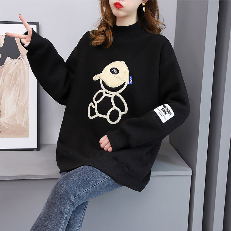 Cartoon Print Applique Harajuku Fleece Thicken Female Sweatshirt Casual Loose Pullover