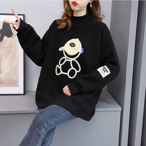 Cartoon Print Applikation Harajuku Fleece verdicken weibliche Sweatshirt beiläufige lose Pullover