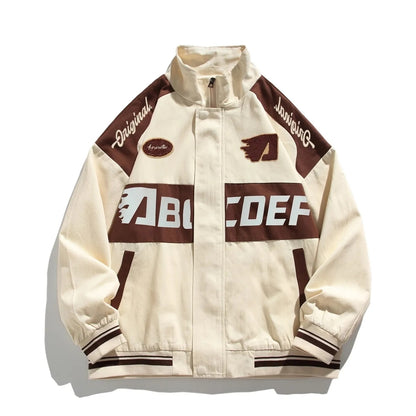 Retro Varsity Jacket Men Vintage Letter Print Baseball Patchwork