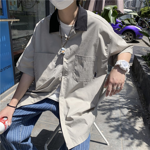 Privathinker Kontrastfarbener Kragen, Herrenhemden, kurzärmelig, japanischer Stil, lässige Blusen mit Taschen, lockere Sommerkleidung