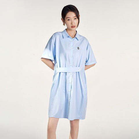 Women Shirt Dress Short Sleeve with Buttons H shape Loose Embroidery Preppy Style - xinnzy