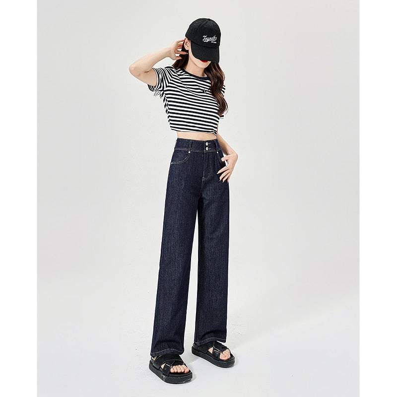 Women Jeans  High Waist Straight Loose Double-breasted Denim Pant Casual