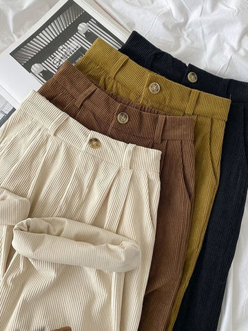 Women Pants Fall Straight Causal Full Length Trousers Vintage Coffee Pockets - xinnzy