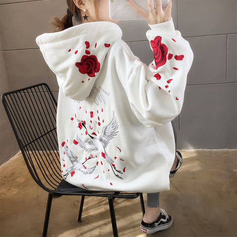 White Bird Anime Embroidery Hoodie Women Pullover Top Plus Size Loose Casual