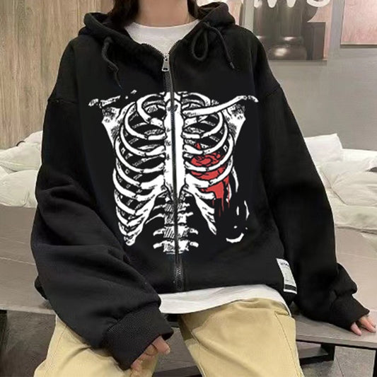 Y2K Dark Skull Skeleton Zip Up Hoodie Men's Jacket