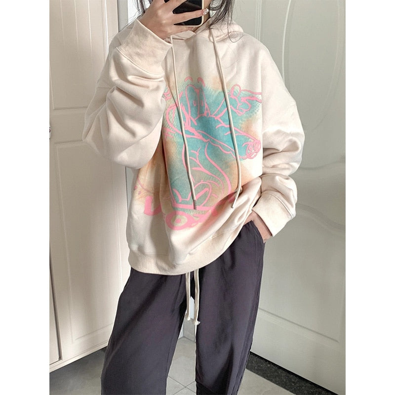 Harajuku Beige Farbe Frauen Hoodie Mode Cartoon Oversize Casual