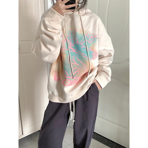 Harajuku Beige Farbe Frauen Hoodie Mode Cartoon Oversize Casual