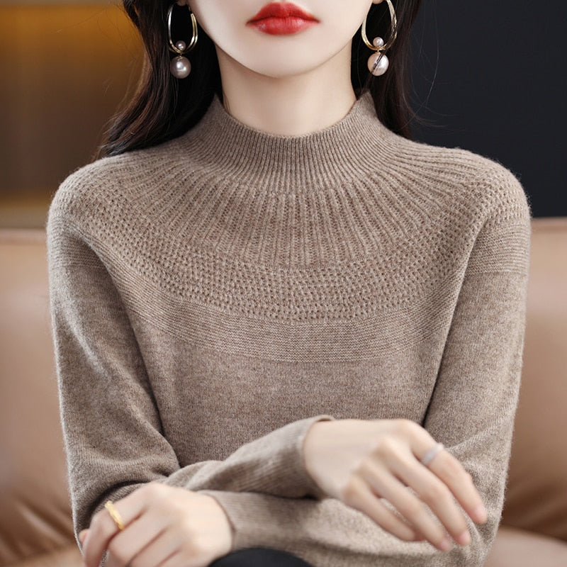 Cashmere knitting sweater high collar merino wool high collar slim soft long sleeve pullover top - xinnzy