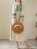 Long Cotton Dresses Women Vintage Style Geometric Embroidery Loose Female Casual Dress