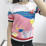 New Seaside Beach Figure Knitted Short Sleeved T-Shirt for Women's Summer Clothing