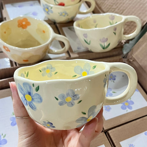 Ceramic Mugs Coffee Cups Irregular Flower ins korean style