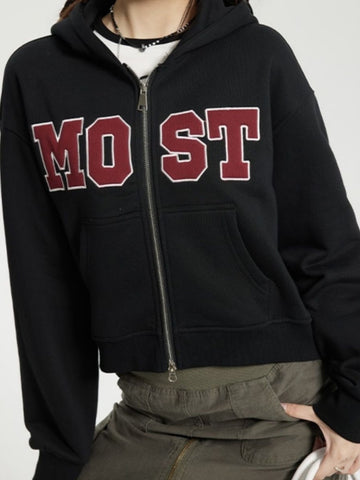 Y2k Hoodies Women  Vintage Aesthetic Hip Hop Letter Embroidery Double Zipper