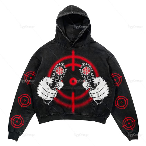 Übergroßer Hoodie mit Waffenelement-Aufdruck für Männer, lockere Passform,